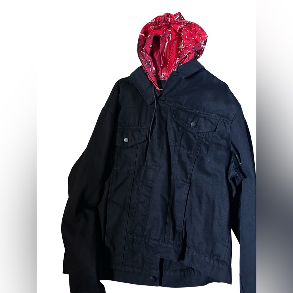 New with tags hooded black denim jacket.